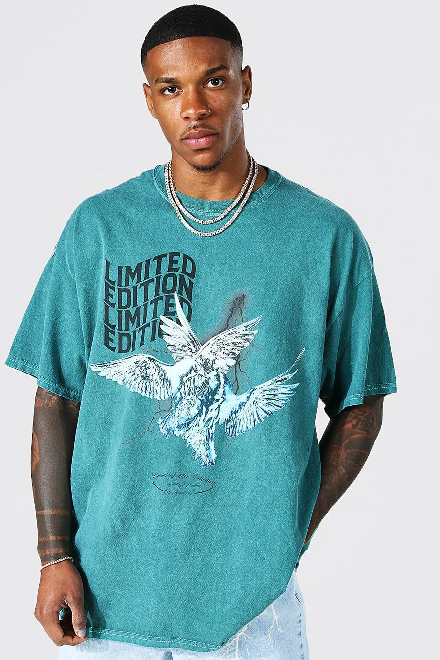Gefärbtes Oversize T-Shirt mit Tauben-Print, Green