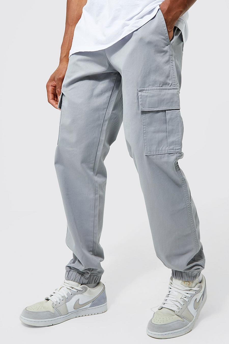Grey Elasticated Waist Straight Leg Cargo Trouser