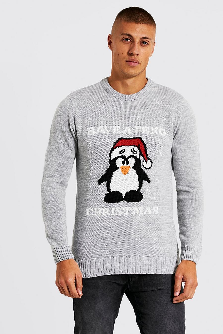 Maglione natalizio con pinguino e slogan, Grey marl