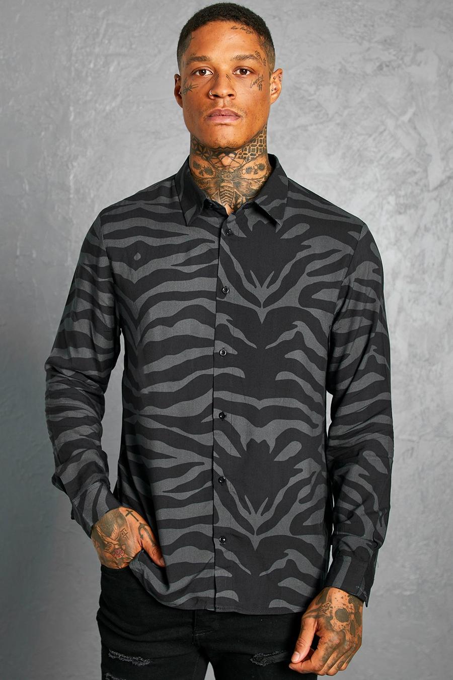 Black Viscose Zebraprint Overhemd Met Lange Mouwen