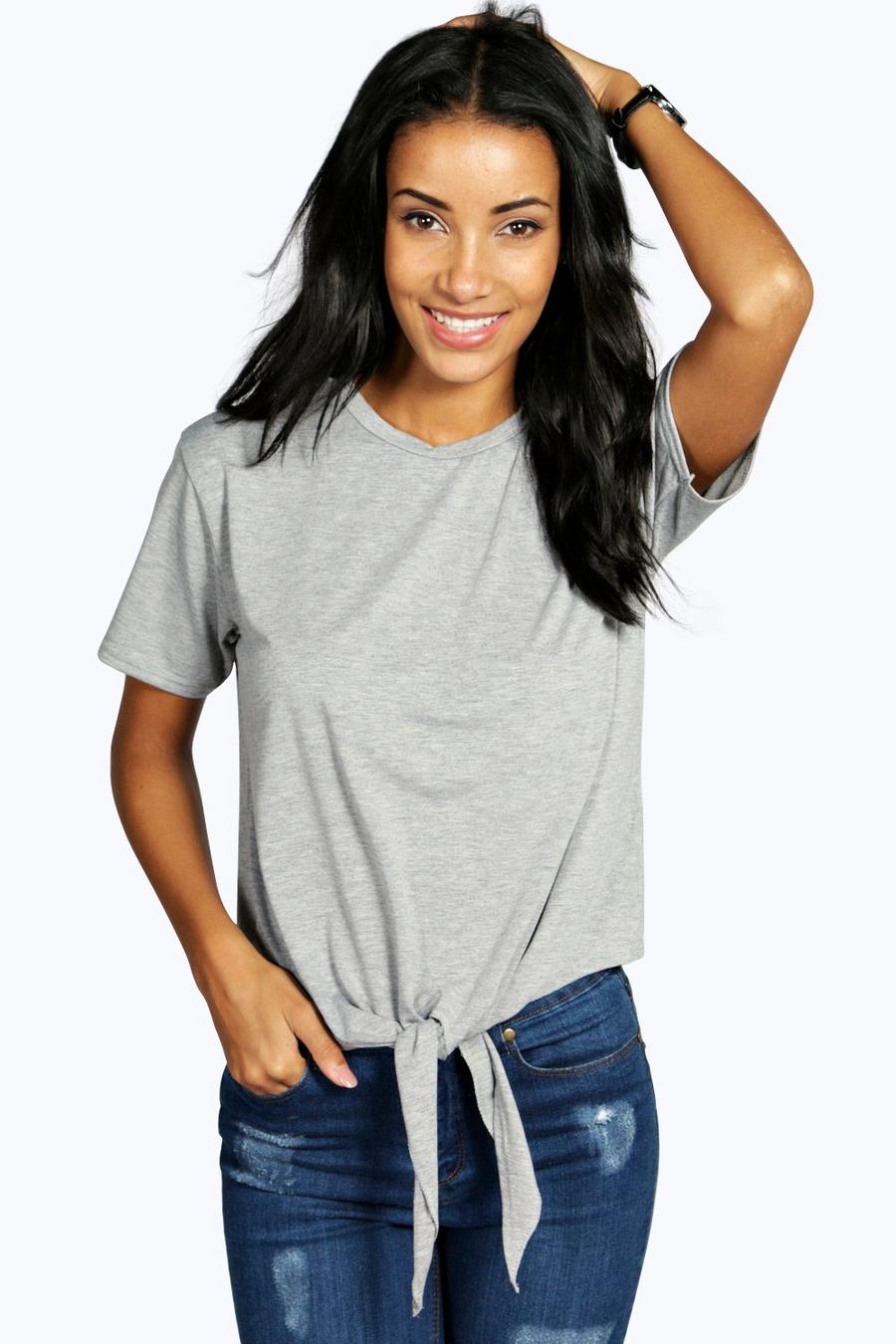 Grey Basic Tie Front T-Shirt image number 1