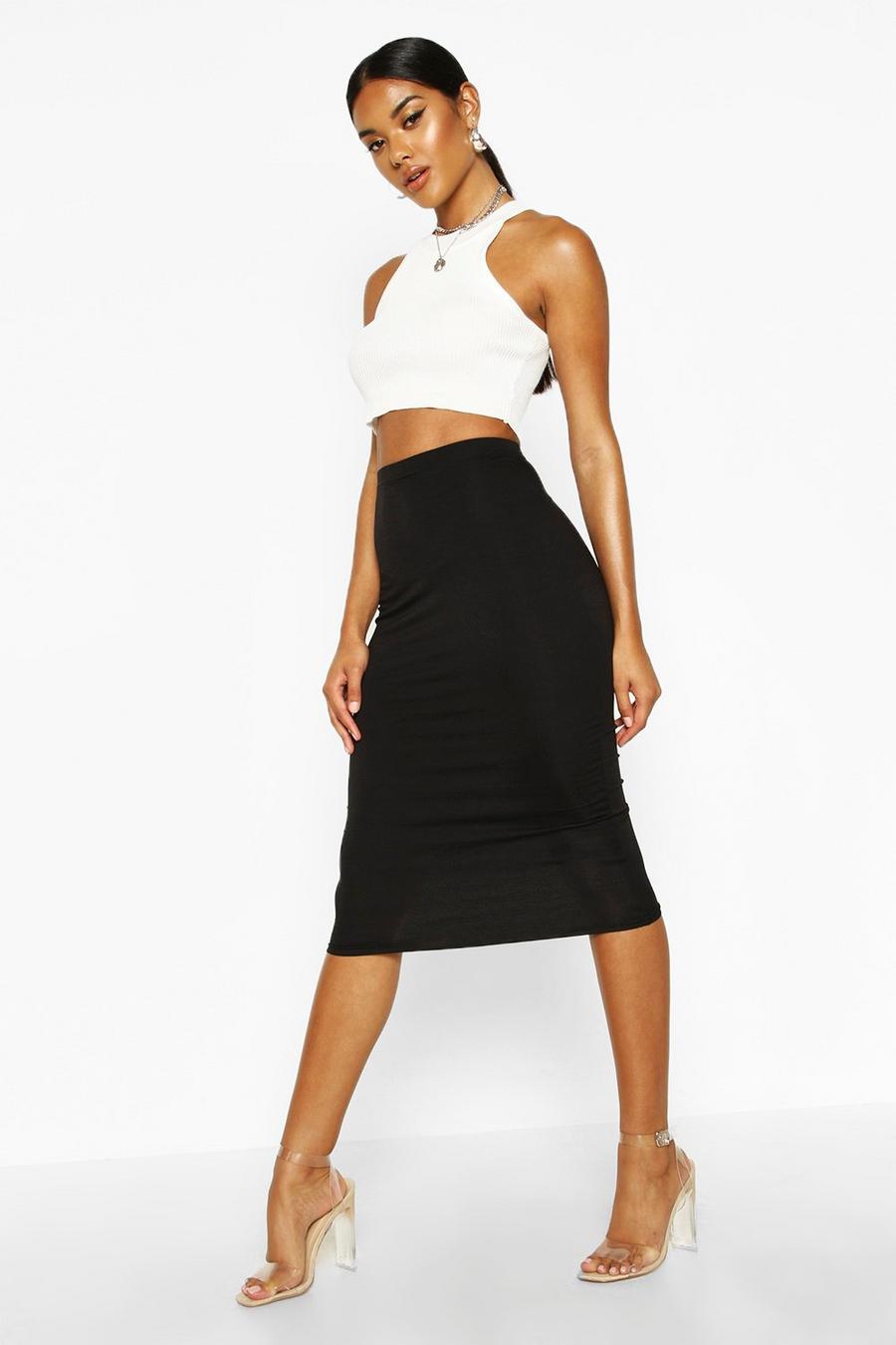 Black Basic Jersey Knit Midi Skirt image number 1