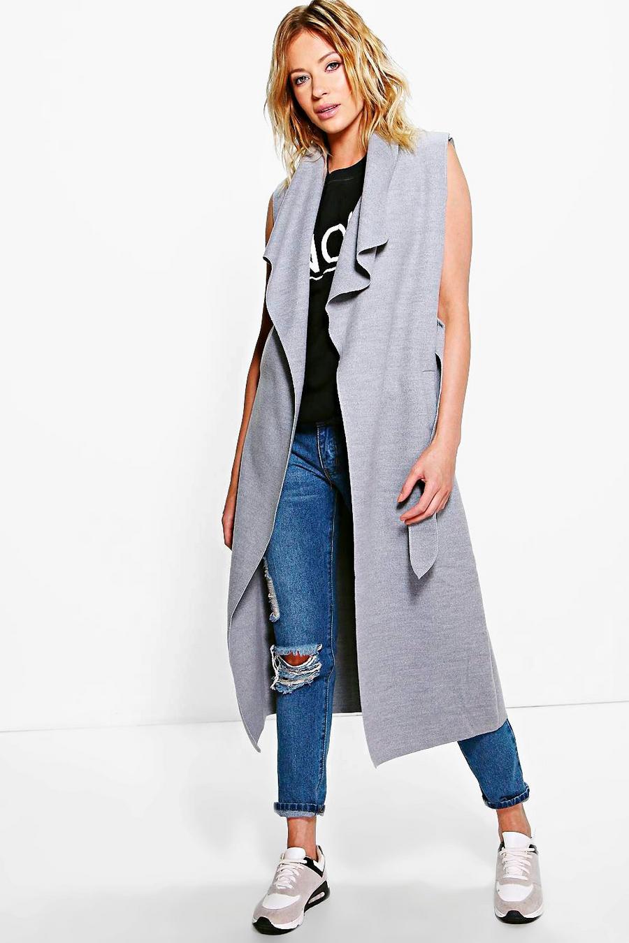 Grey Waterfall Belted Sleeveless Coat image number 1