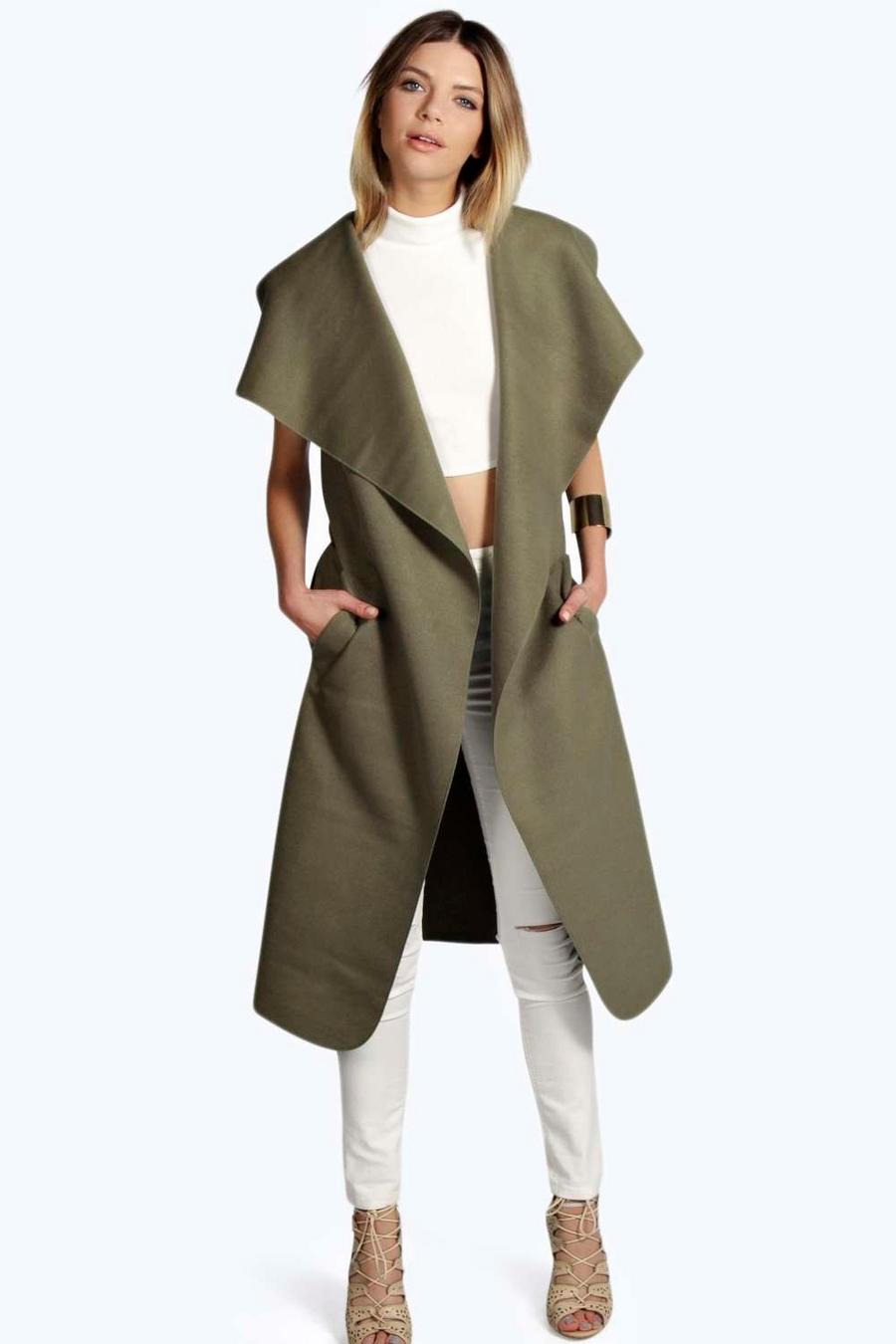 Ärmelloser Mantel mit Gürtel und Wasserfallrevers, Khakifarben image number 1