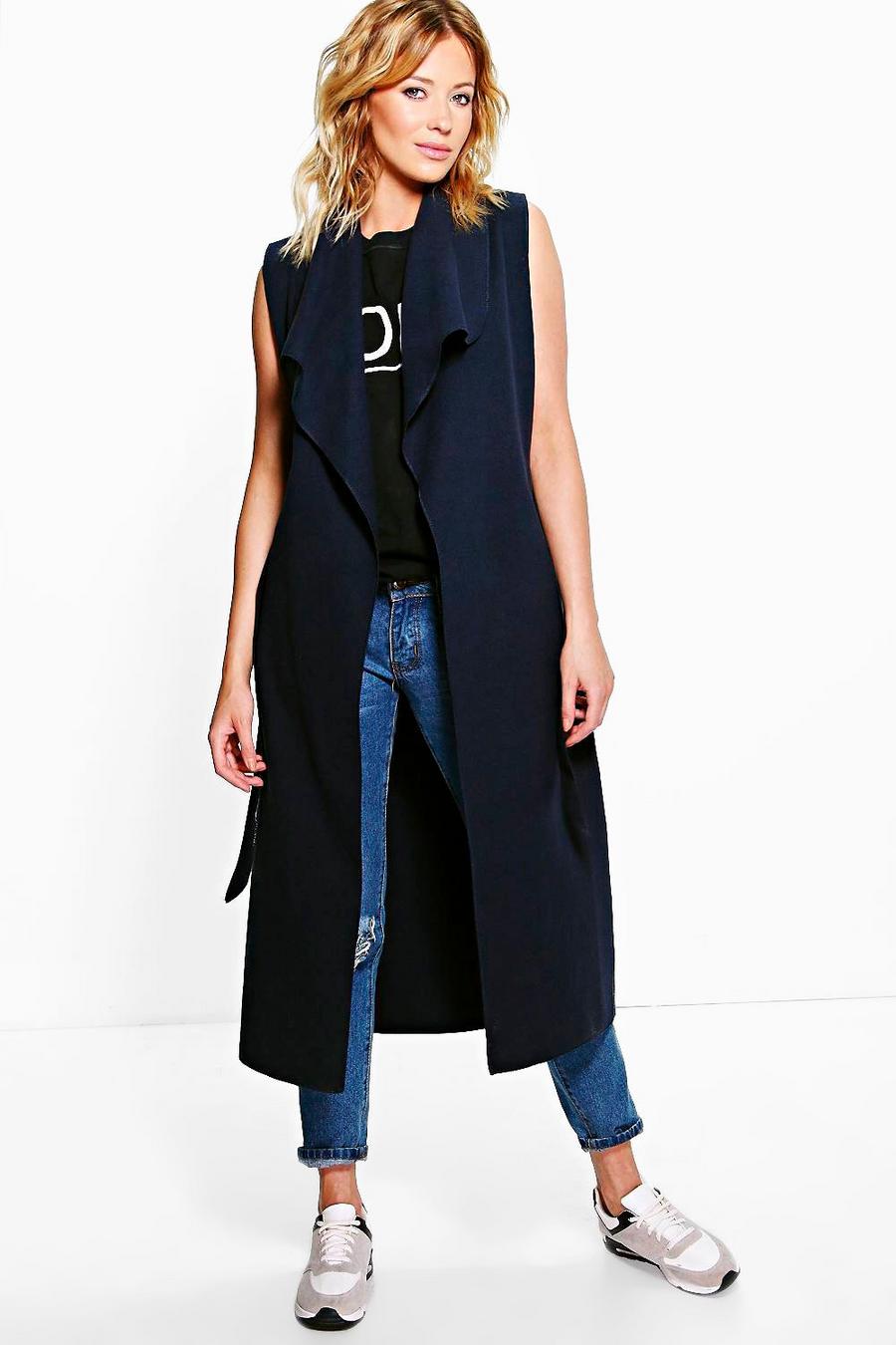 Navy Waterfall Belted Sleeveless Coat image number 1