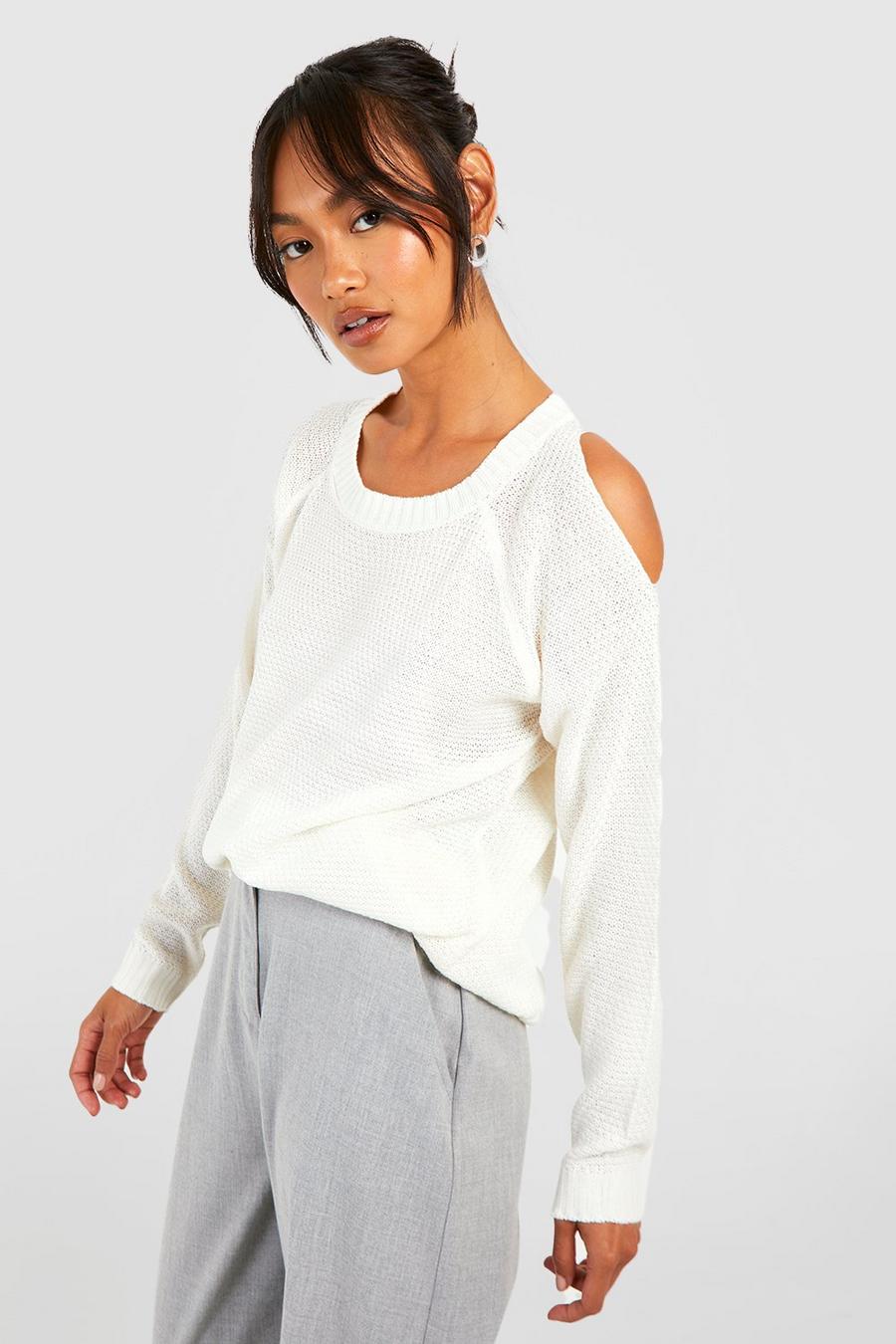 Cream Cold Shoulder Moss Stitch Sweater image number 1