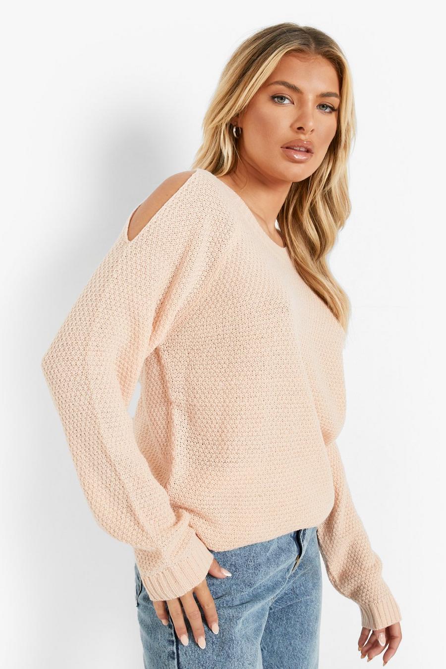 Nude Cold Shoulder Moss Stitch Sweater image number 1