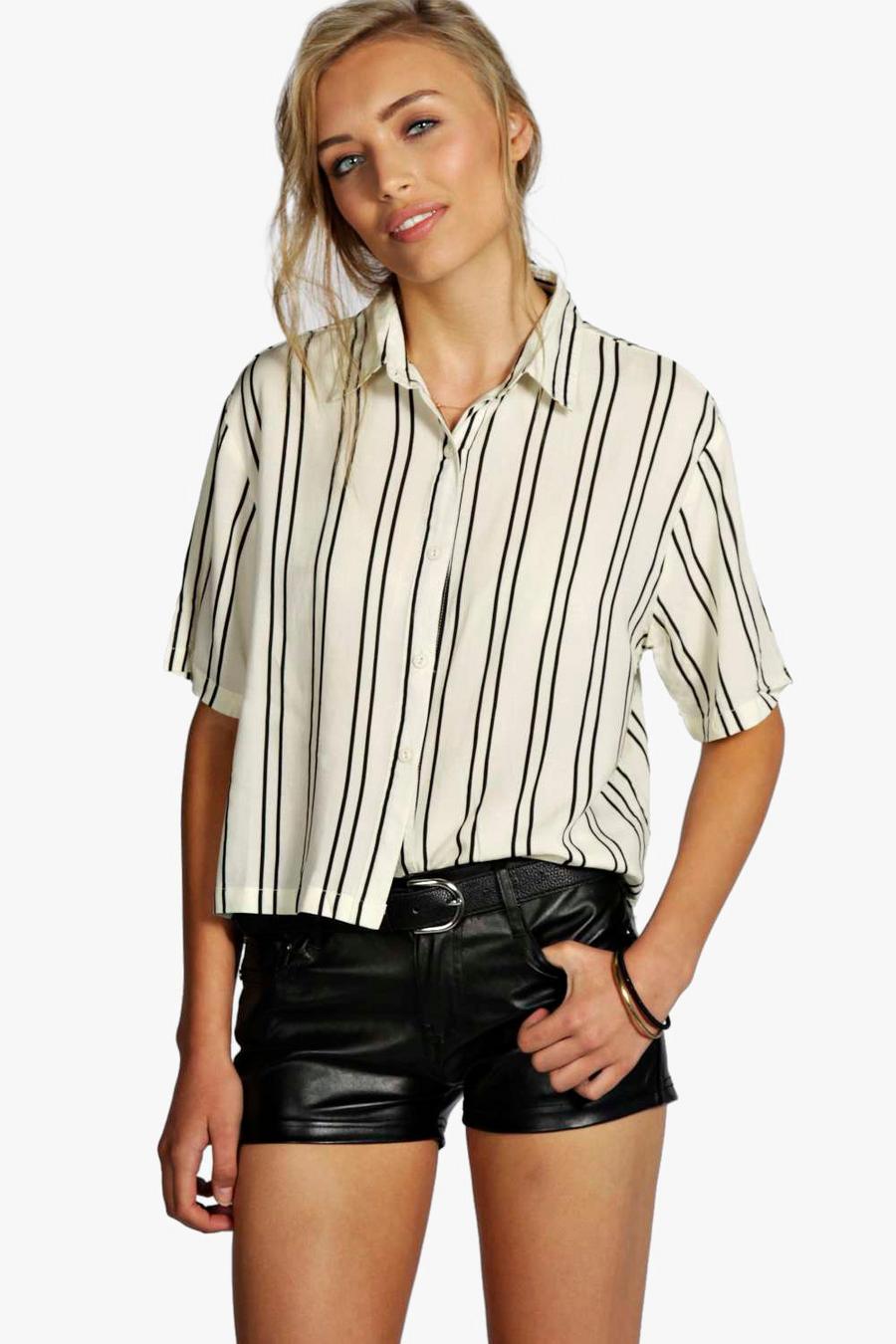 White Striped Short Sleeve Boxy Shirt image number 1