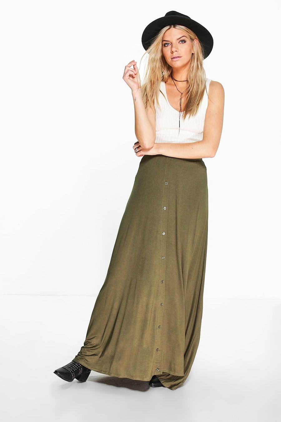 Khaki Ruby Button Front Jersey Maxi Skirt image number 1