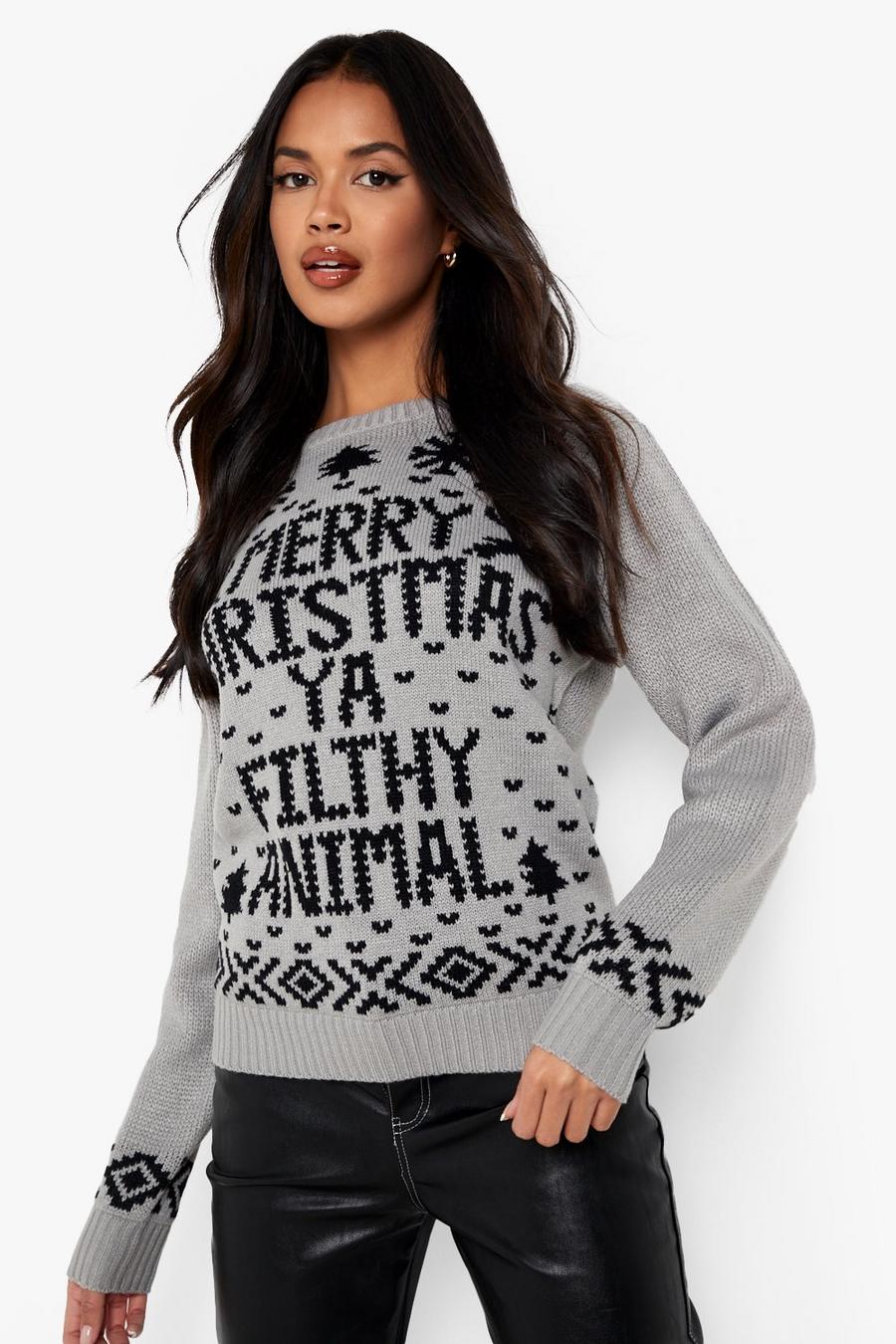 Maglione natalizio con scritta Filthy Animal, Grey image number 1