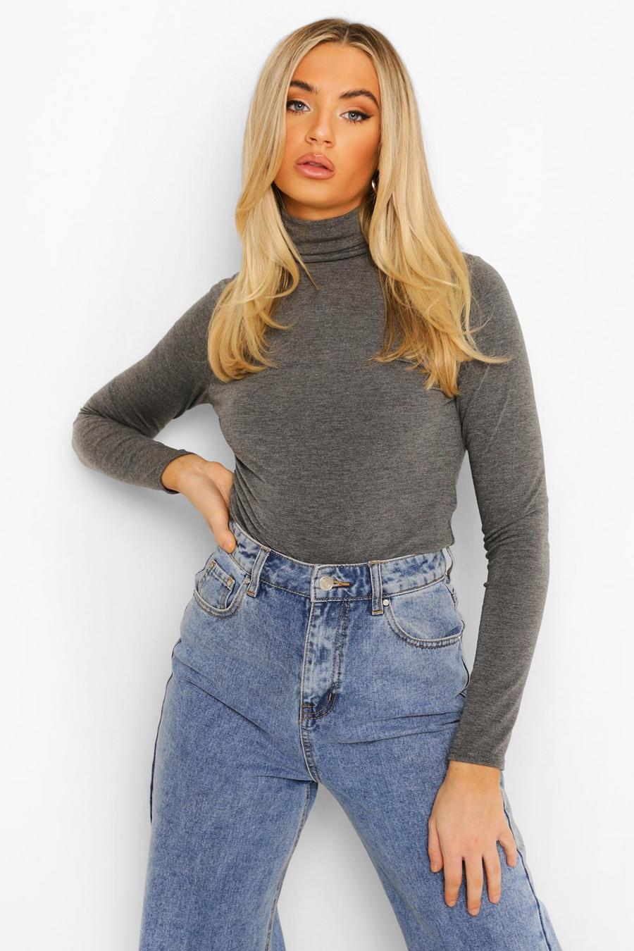 Charcoal Basic Turtle Neck Long Sleeve Top image number 1