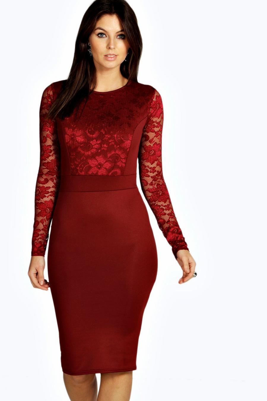 Berry Lace Long Sleeve Bodycon Midi Dress image number 1