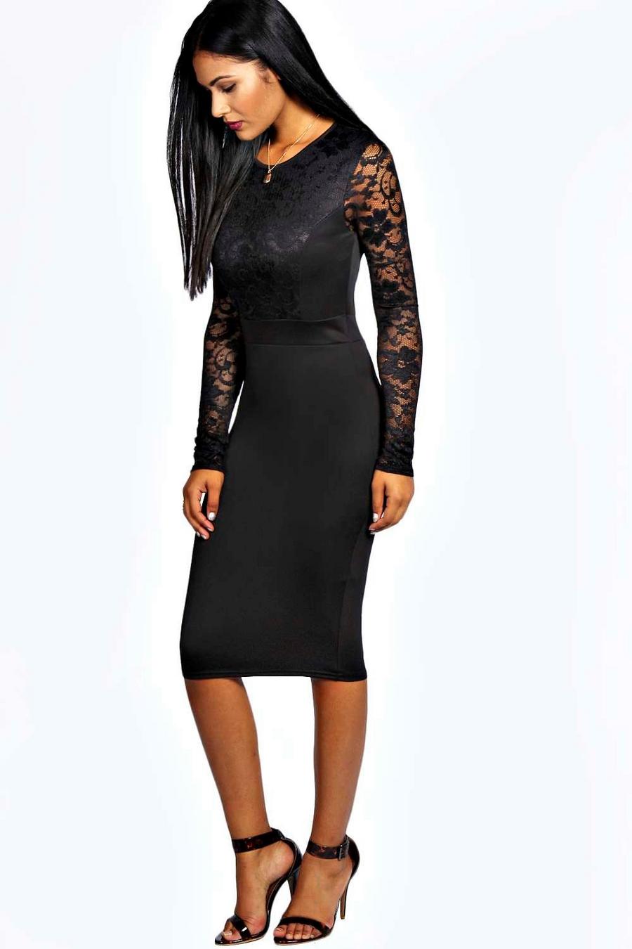 Black Lace Long Sleeve Bodycon Midi Dress image number 1