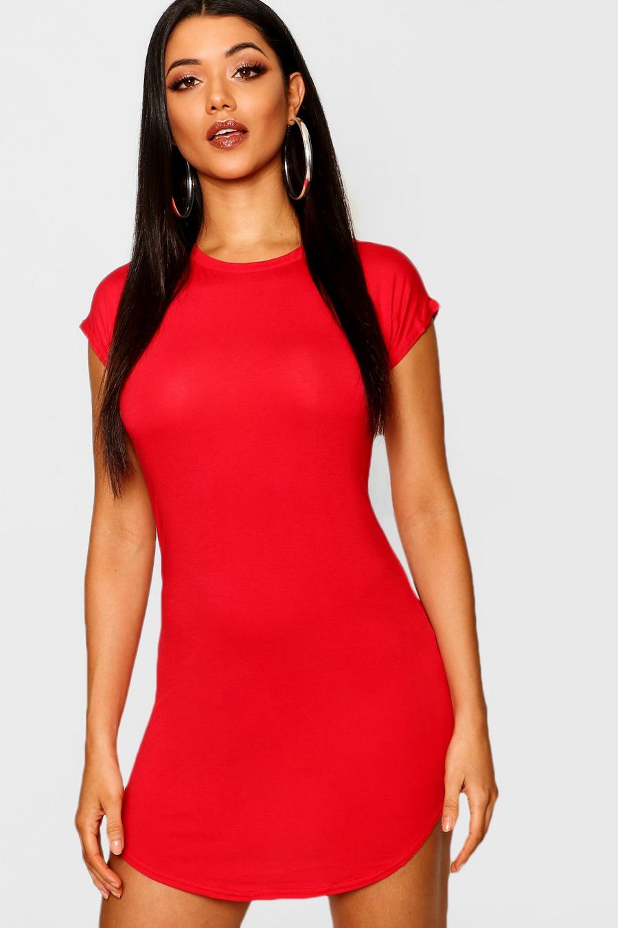 Red Basic Curved Hem T-Shirt Dress image number 1