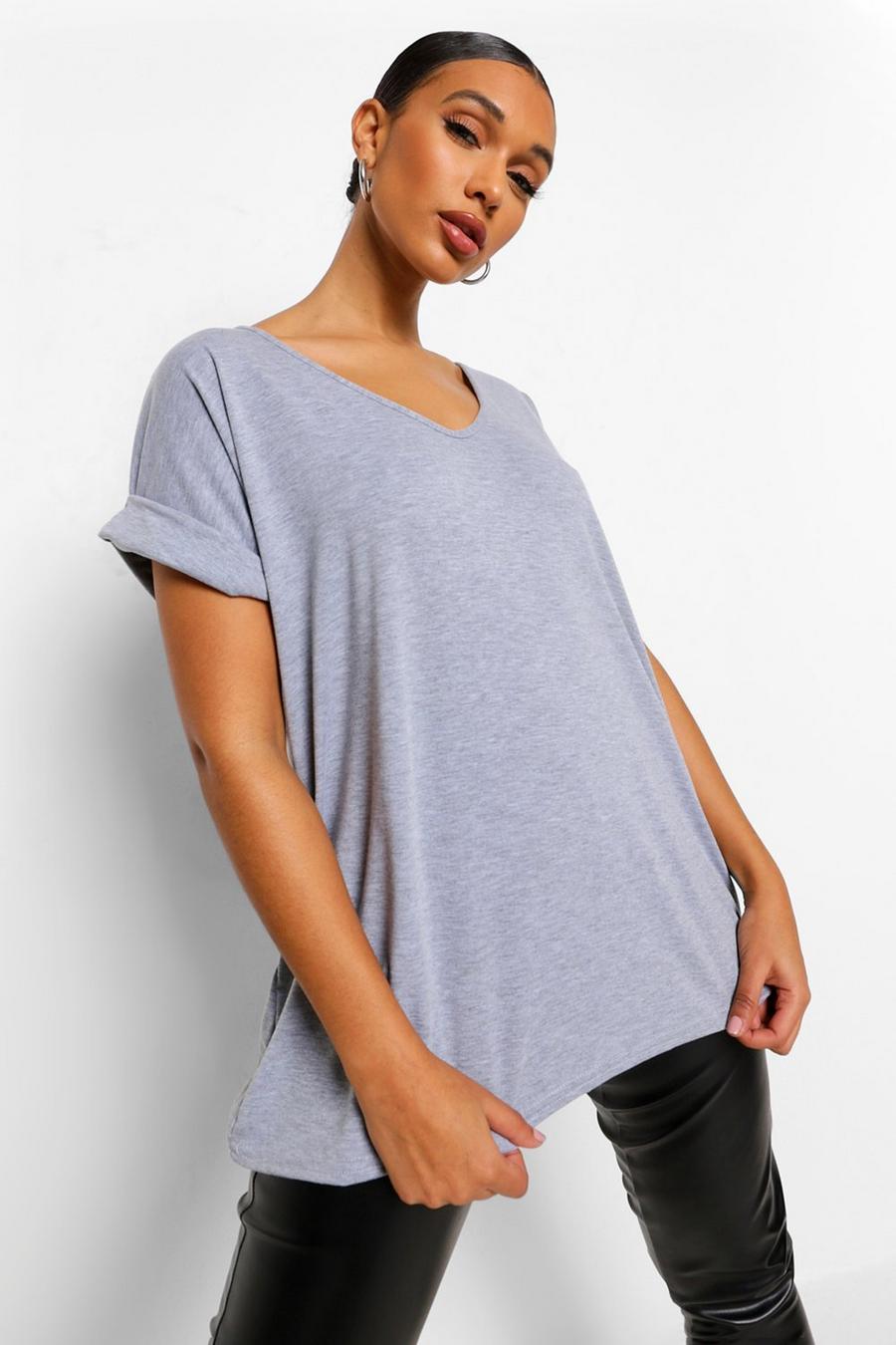 Grey marl Oversized Boyfriend V Neck T-Shirt image number 1