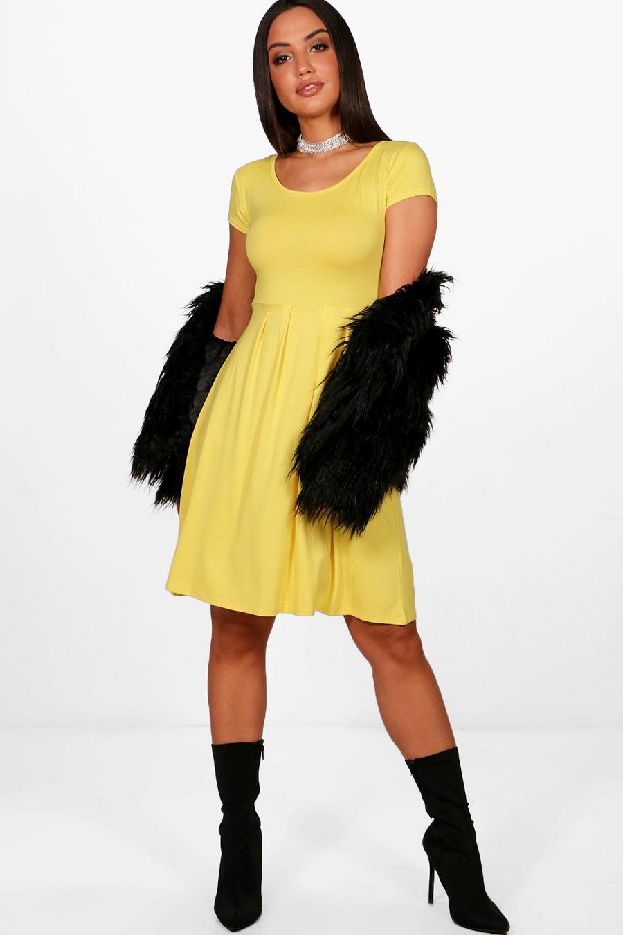 Yellow Jersey Knit Cap Sleeve Skater Dress image number 1