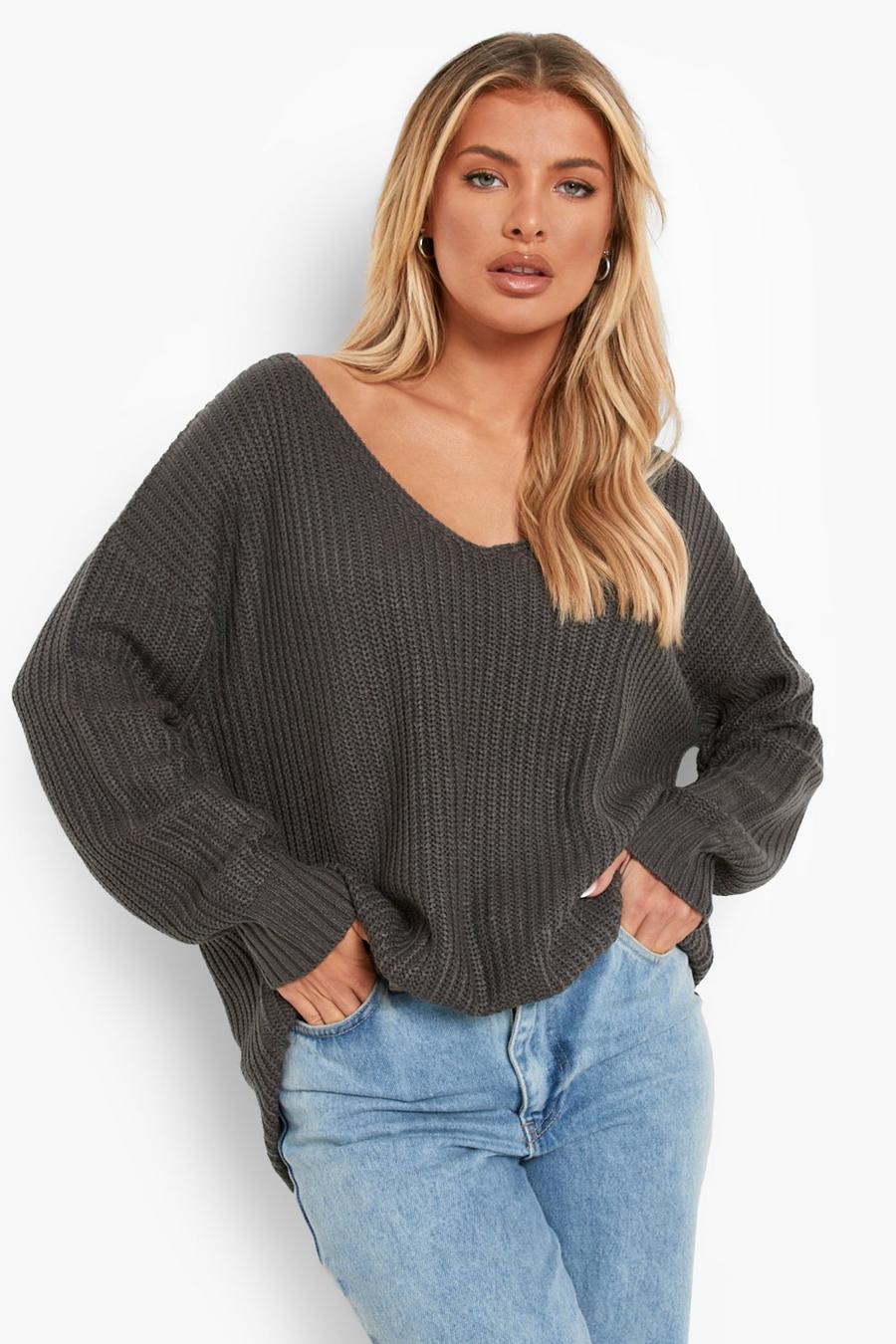 Charcoal Oversized V Neck Sweater image number 1