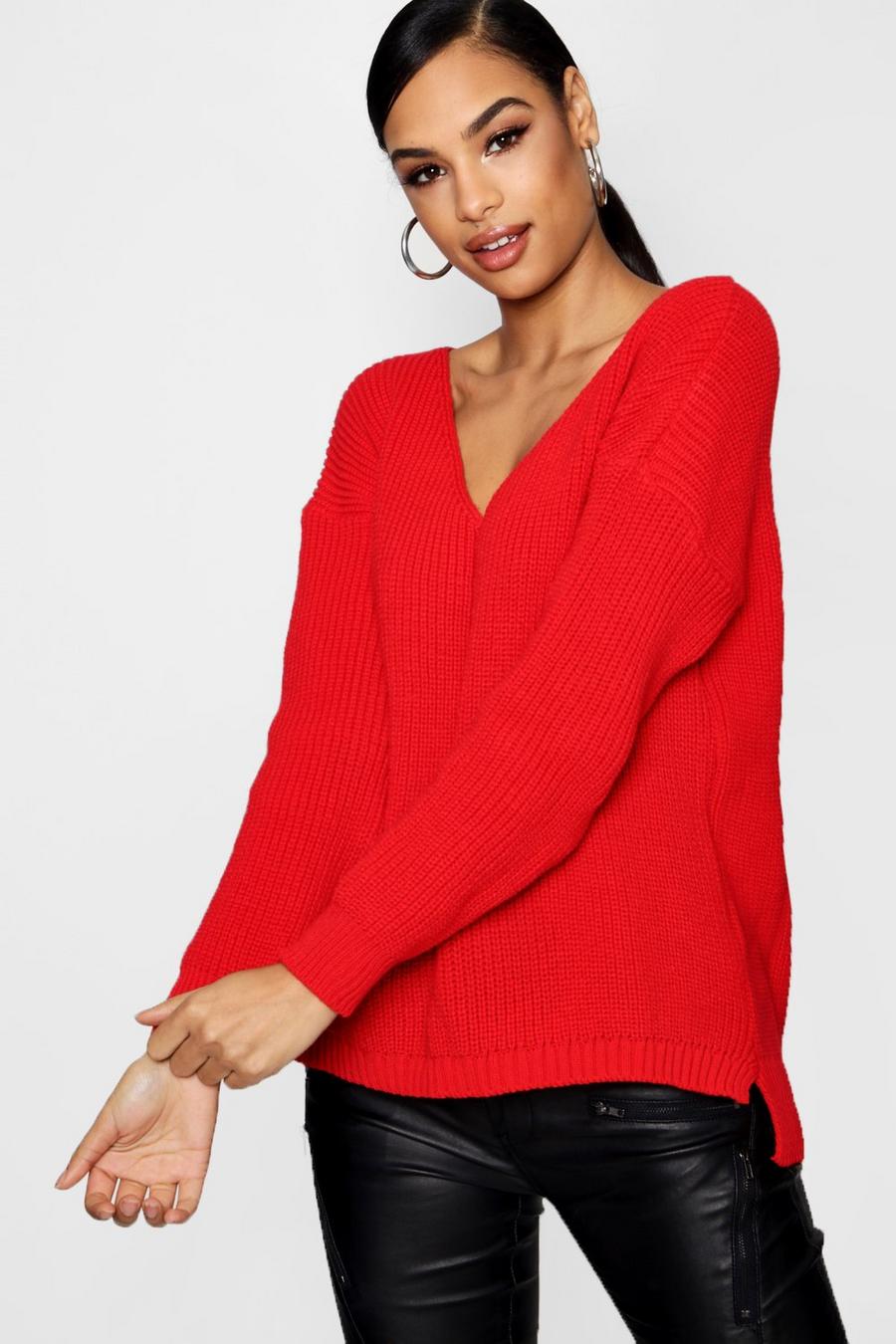 Flame red Oversized V Neck Sweater image number 1