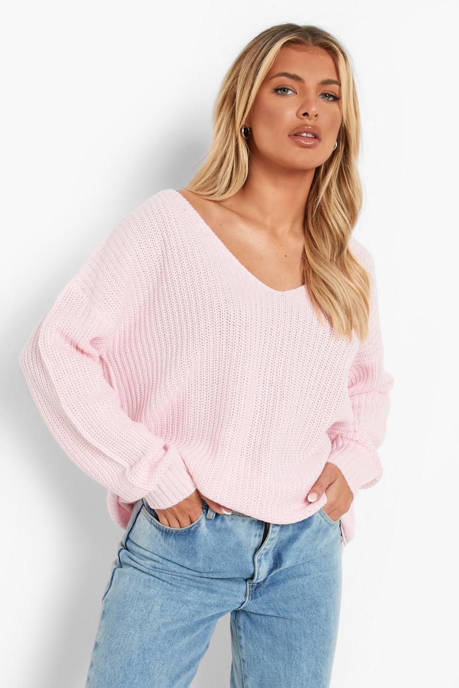 Pink Oversize stickad tröja med V-ringning image number 1