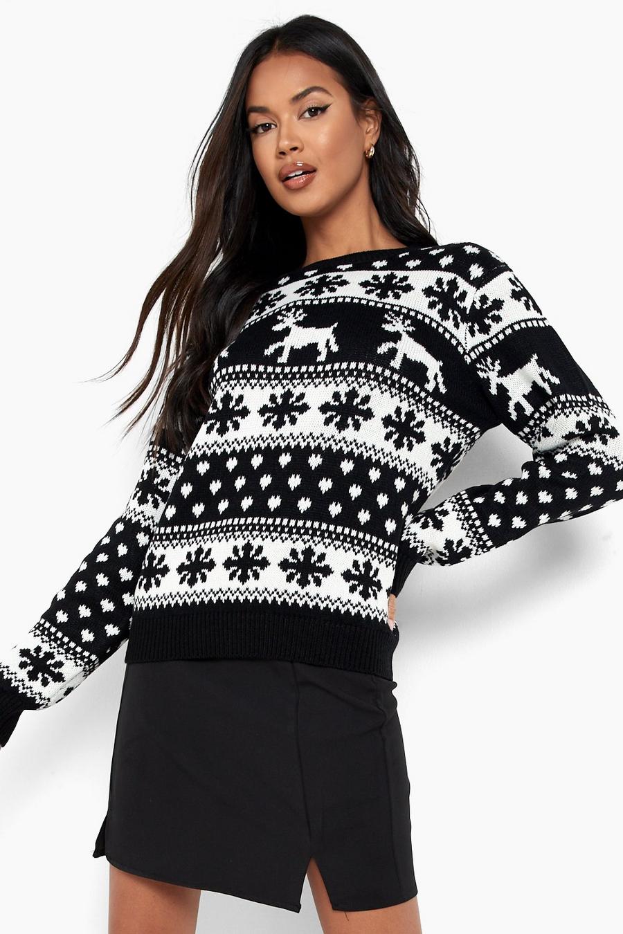 Weihnachtspullover mit Rentier und Schneeflocken, Black
