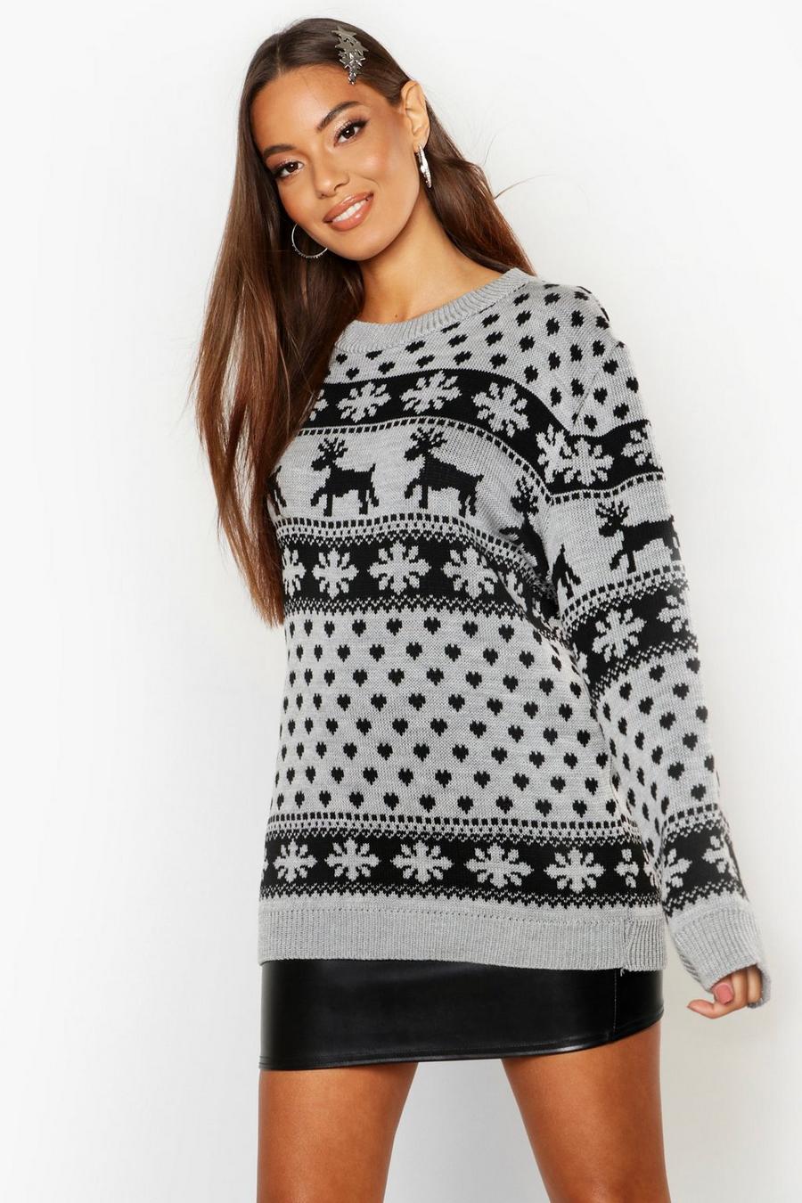 Grey Stickad jultröja med renar och snöflingor image number 1