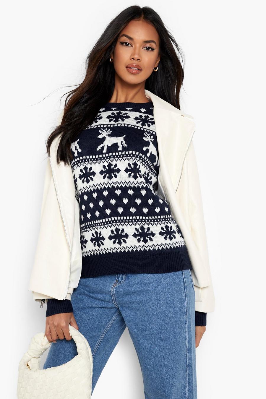 Navy Reindeer & Snowflake Christmas Sweater image number 1