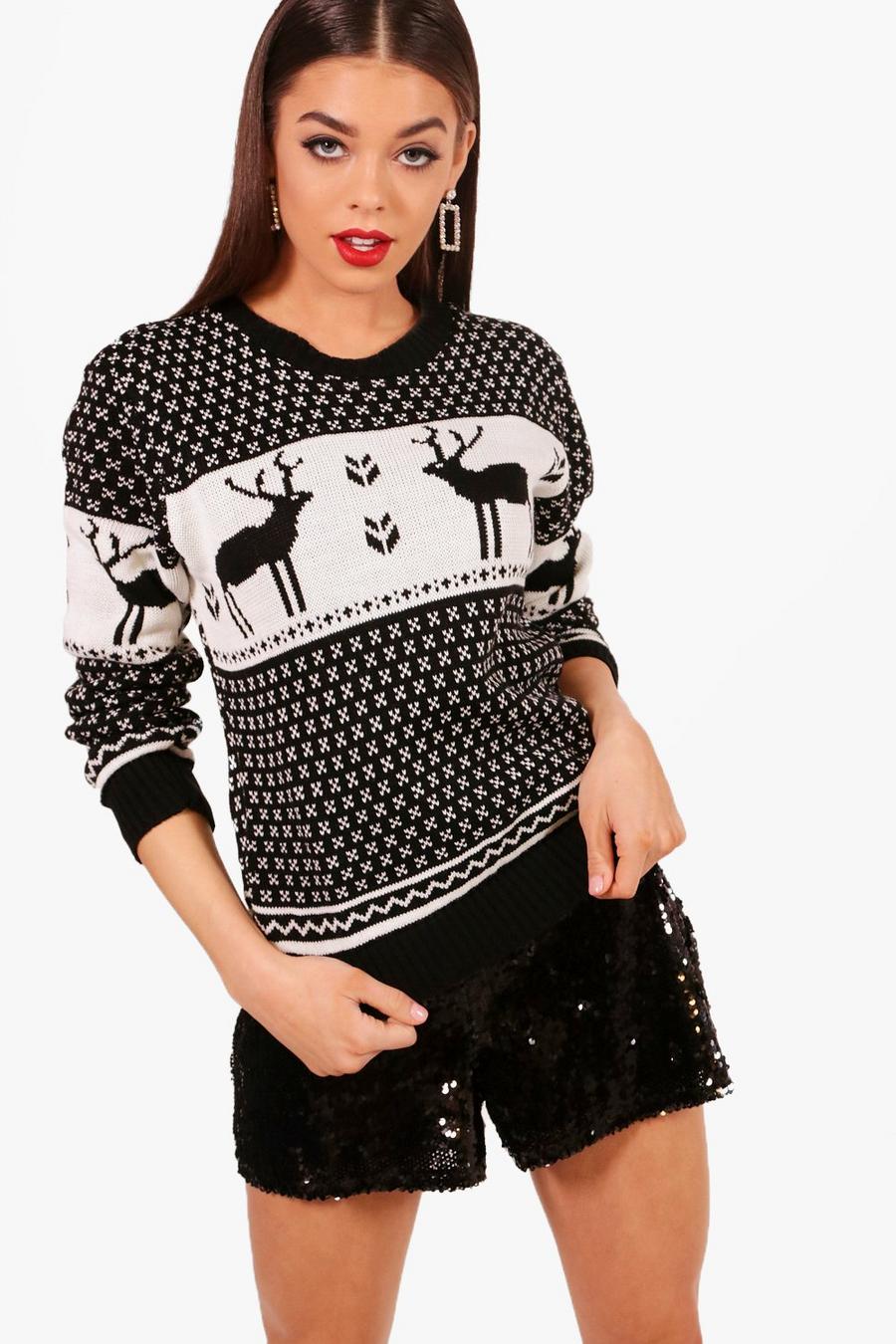 Maglione natalizio in maglia con fiocchi di neve e renne, Black image number 1
