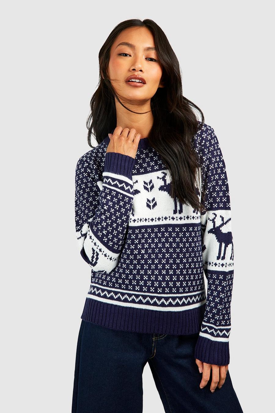 Navy Snowflake and Reindeer Knitted Christmas Jumper image number 1