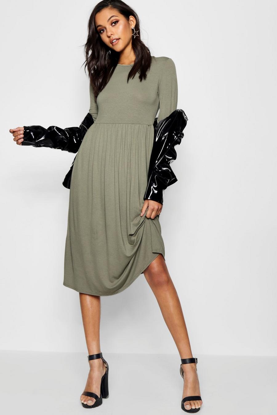 Khaki Long Sleeve Midi Dress image number 1