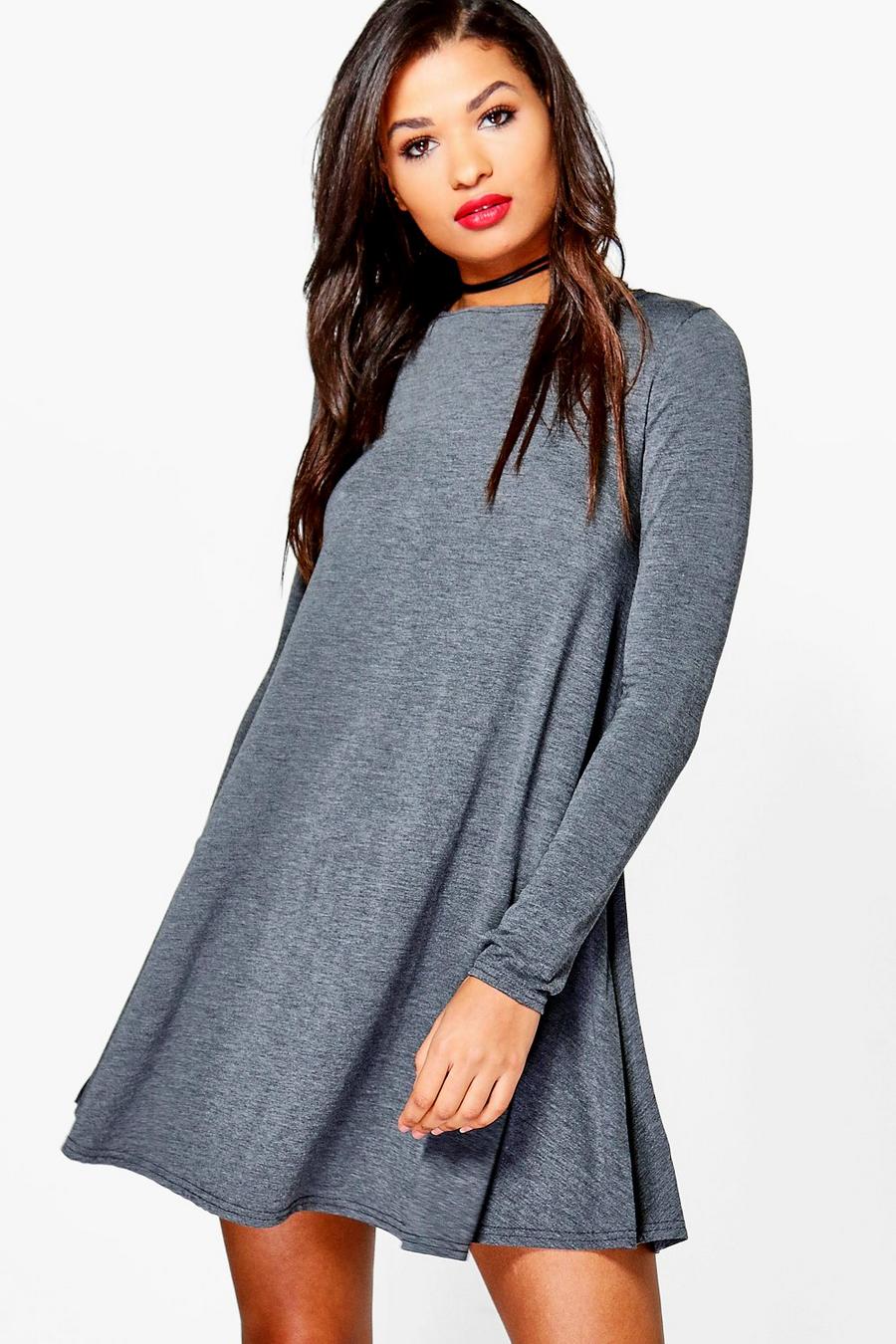 Charcoal Scoop Neck Long Sleeve Swing Dress image number 1