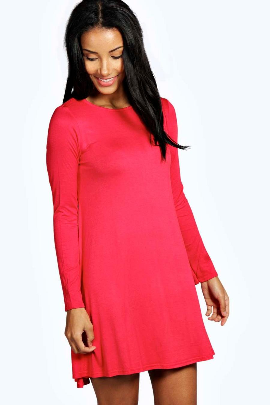 Langärmeliges, ausgestelltes Kleid mit weitem Rundhalsausschnitt, Red image number 1