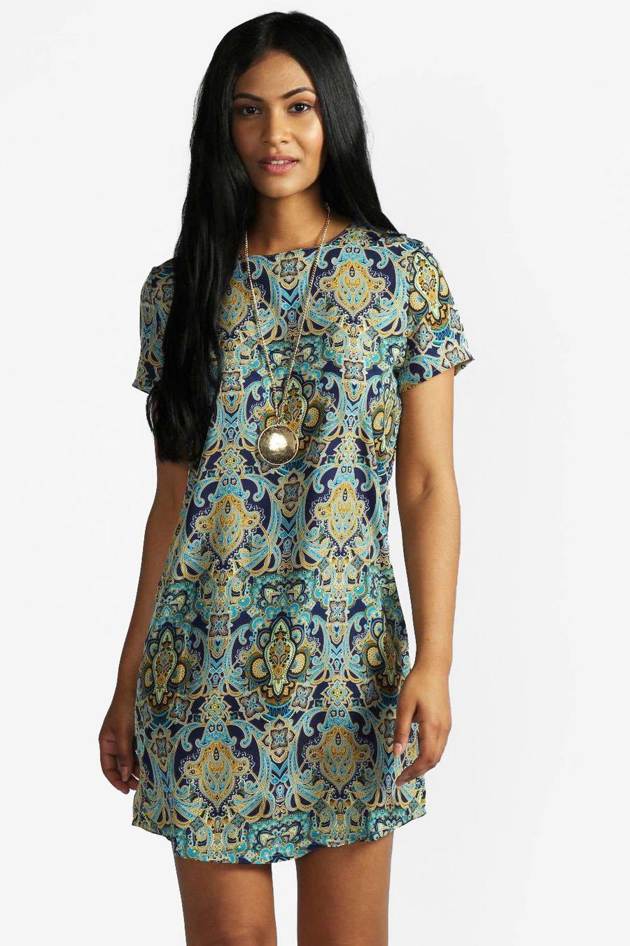 Kurzärmeliges Shift-Kleid mit Paisley-Print, Marineblau image number 1