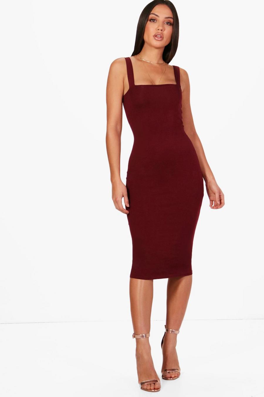 Berry Basic Square Neck Bodycon Midi Dress image number 1