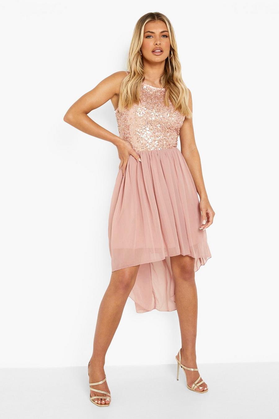 Blush Sequin Chiffon Dip Hem Open Back Bridesmaid Dress image number 1