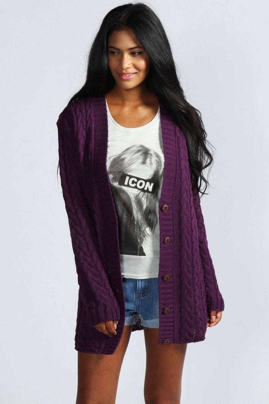 Aubergine Cable Knit Cardigan image number 1