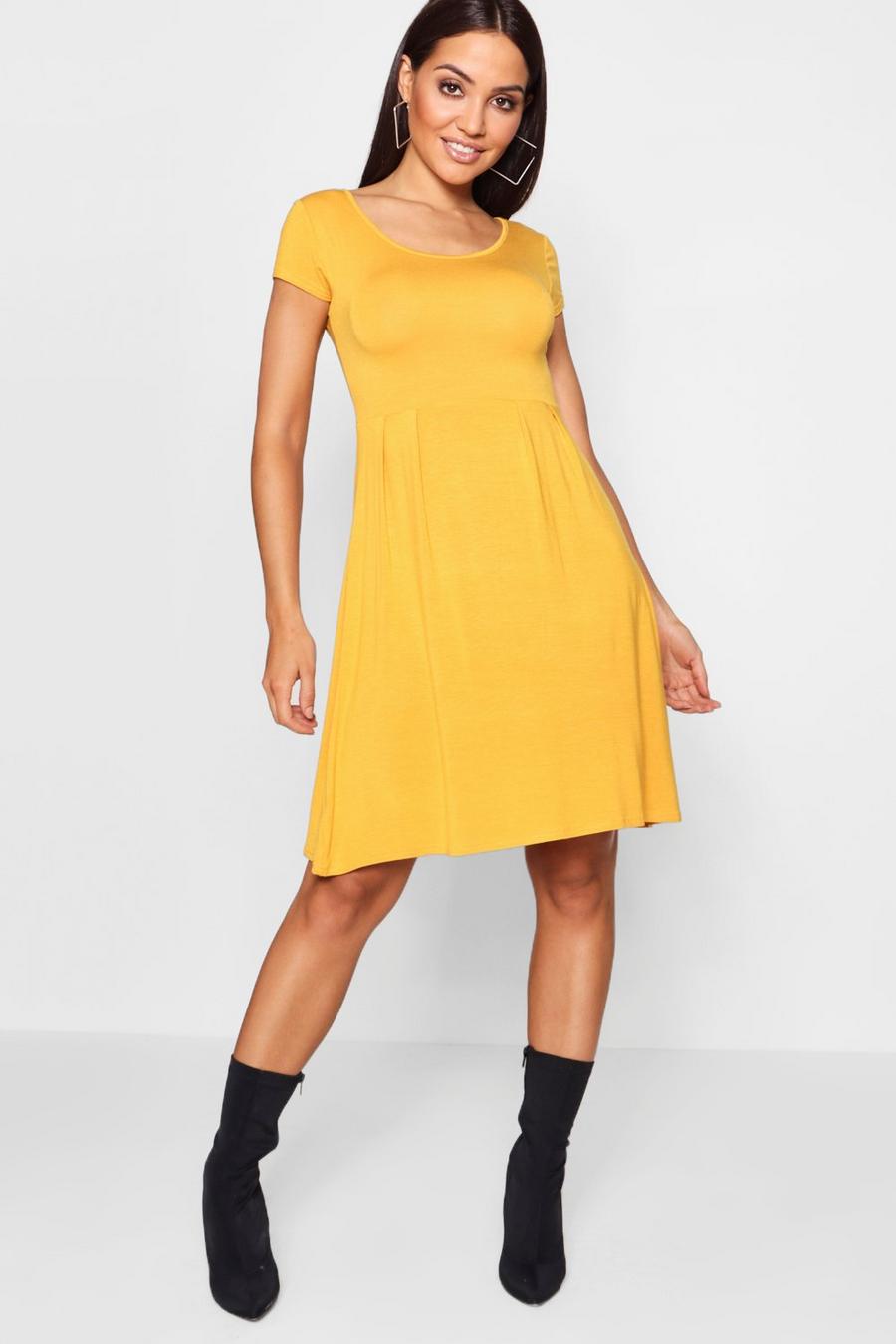 Mustard Jersey Knit Cap Sleeve Skater Dress image number 1