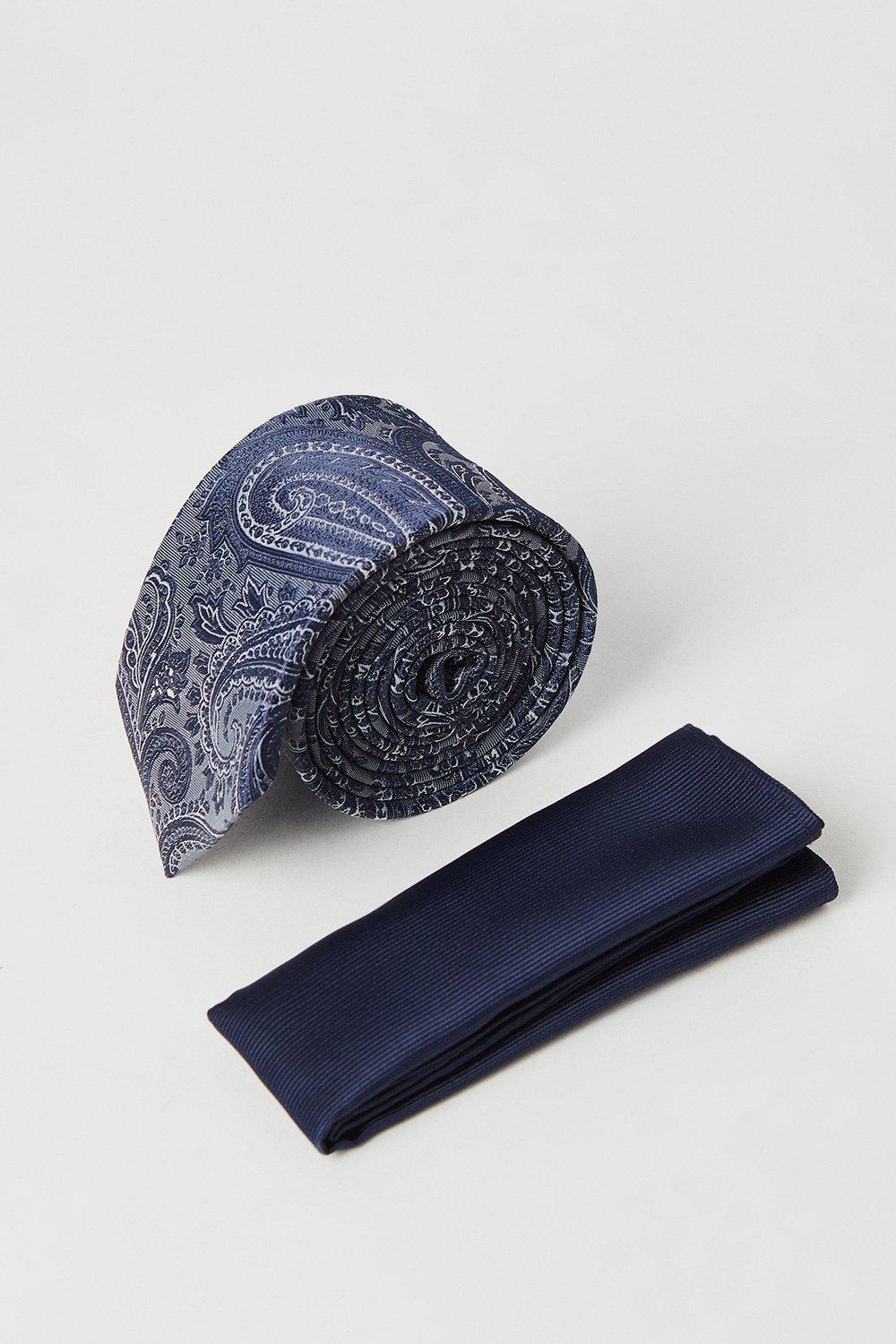 Mens Paisley Tie With Plain Twill Pocket Sqaure