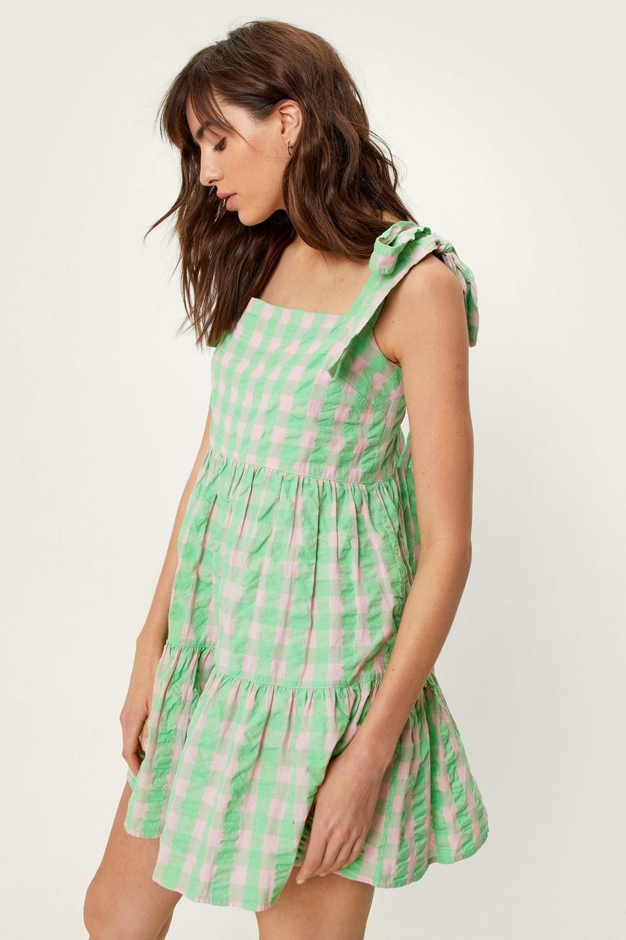 Lime Gingham Tie Strap Mini Smock Dress