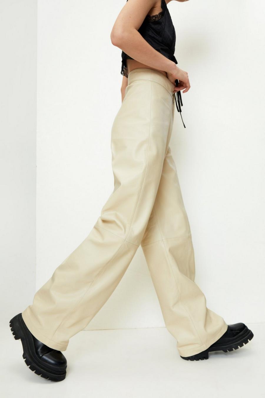 Ecru Real Leather Wide Leg Seam Detail Trousers
