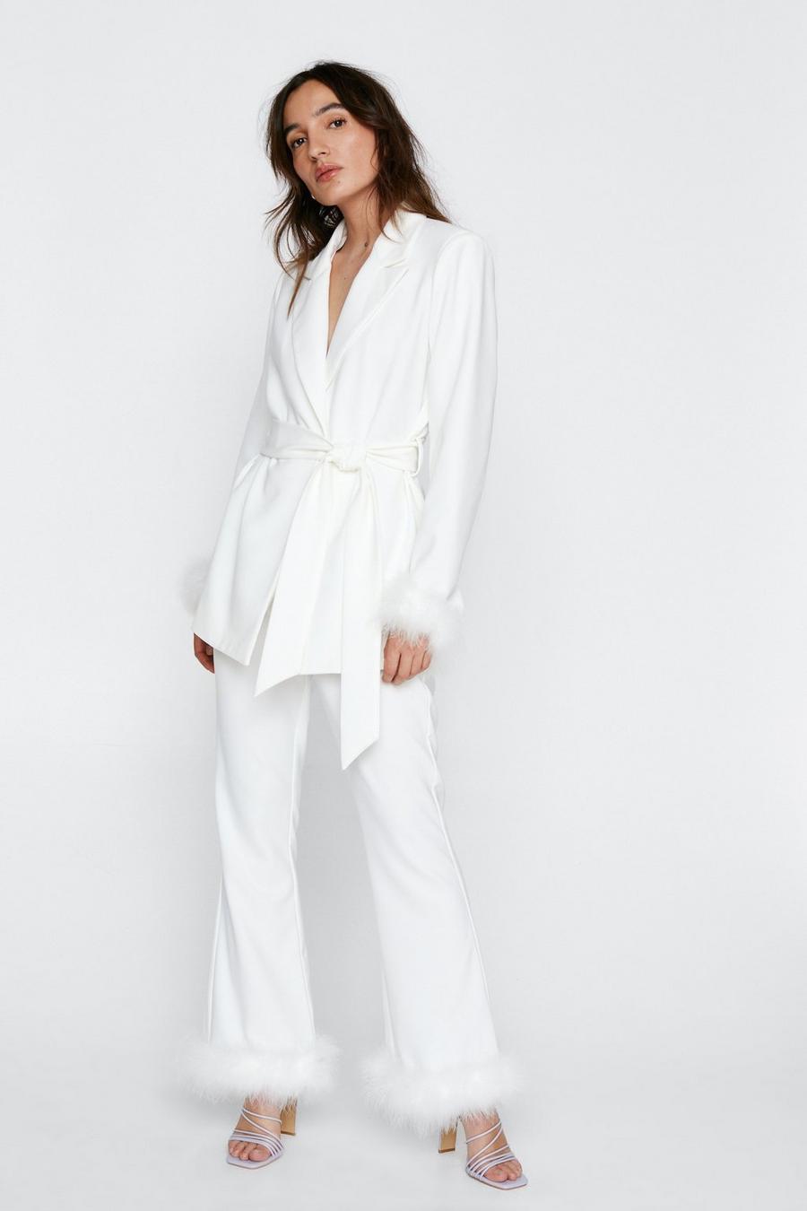 White Petite Feather Hem Flared Trousers