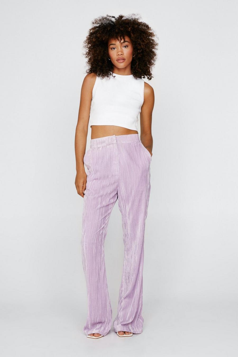 Purple Crinkle Velvet Tailored Flared Trousers
