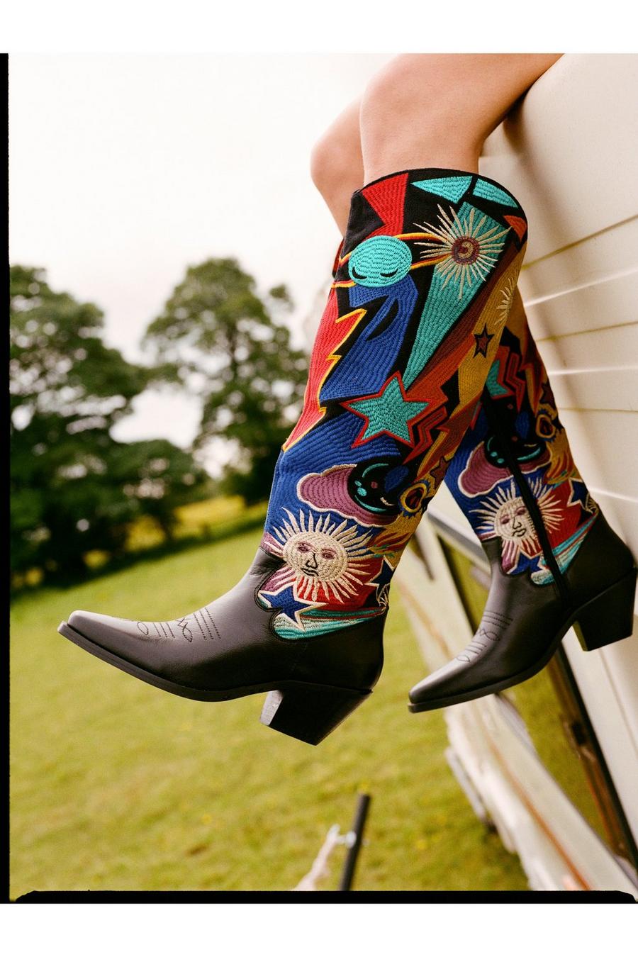 Multi Leather Embroidered Knee High Cowboy Boots