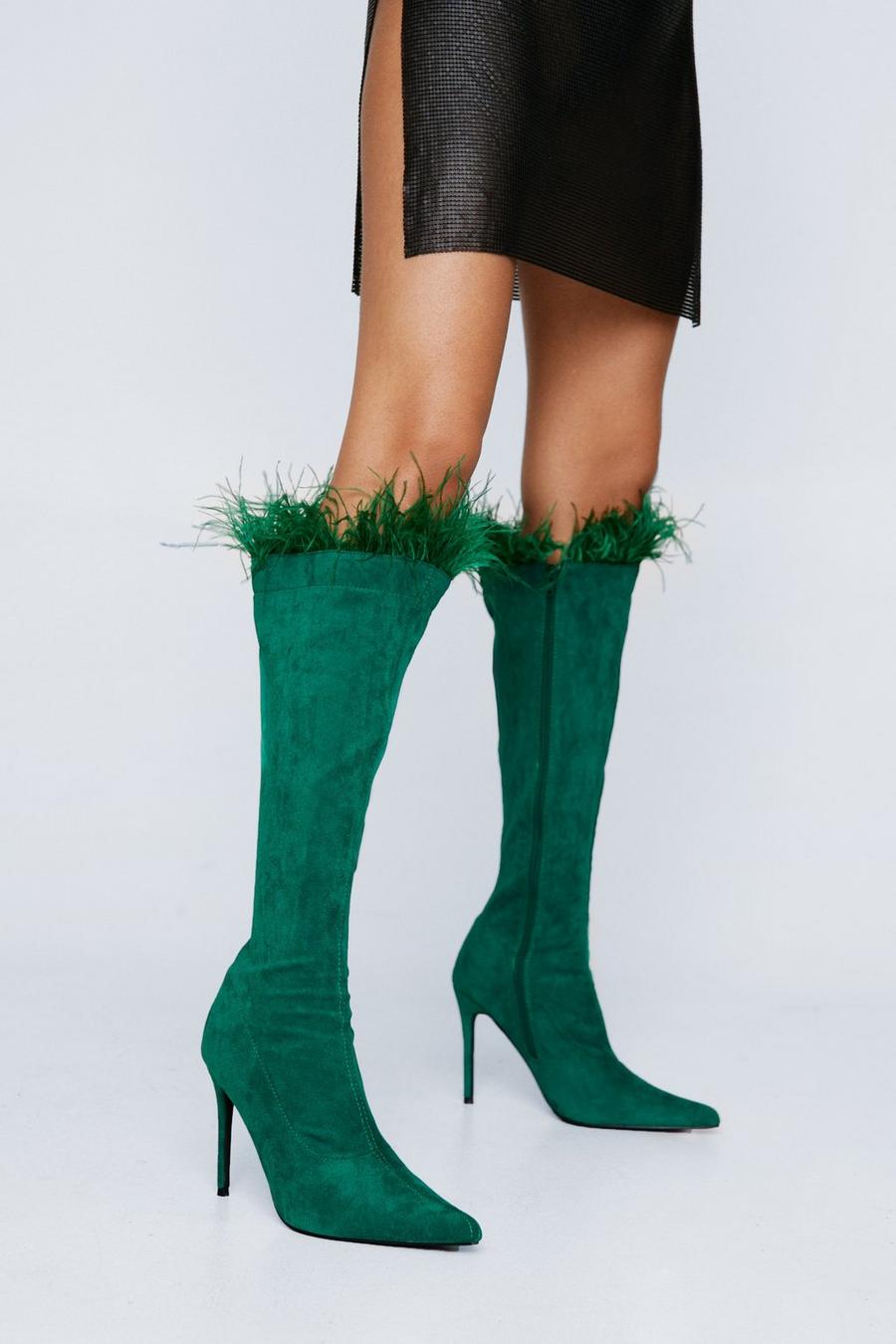 Green Faux Leather Feather Trim Knee High Boots