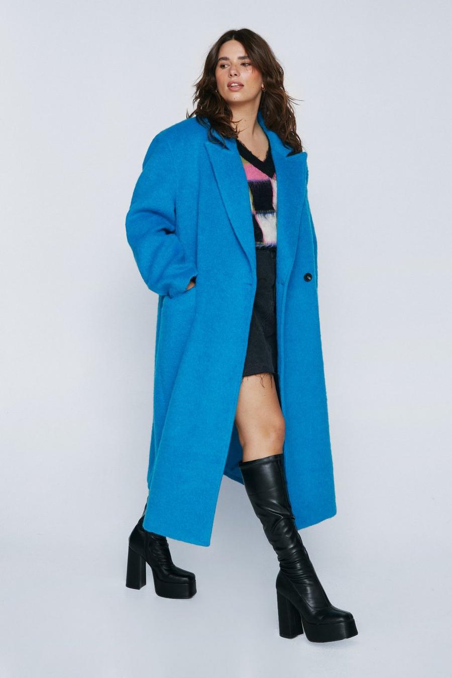 Blue Plus Size Premium Wool Brushed Coat