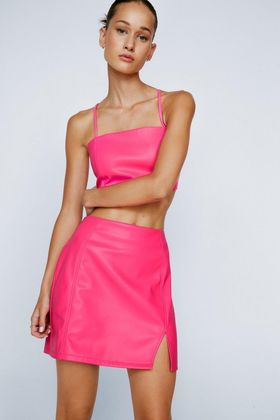 Pink Faux Leather Split Mini Skirt image number 1