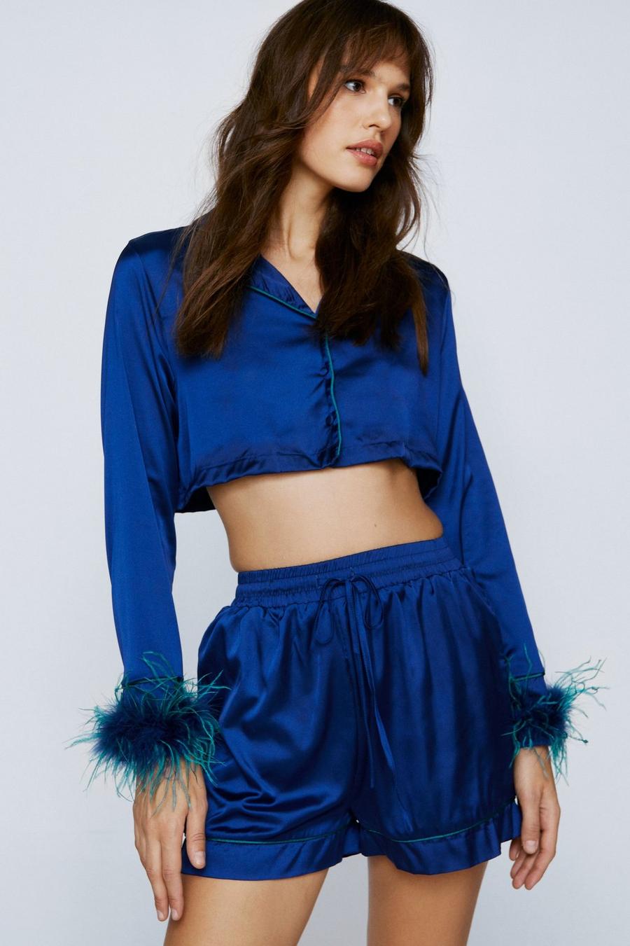 Navy Ombre Feather Cropped Shirt & Shorts PJ Set