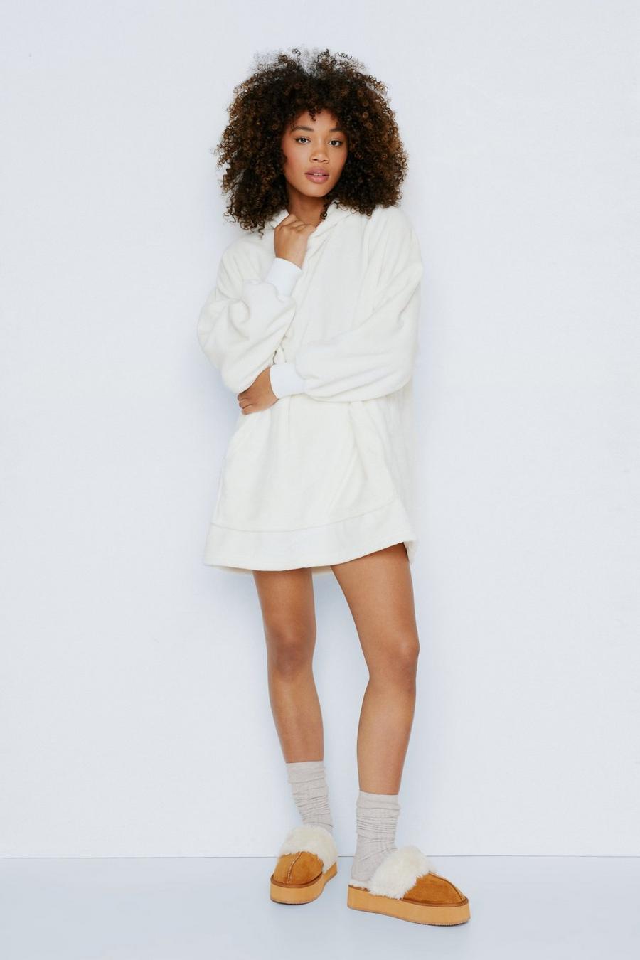 Cream Oversized Fluffy Lounge Blanket Hoodie Dress
