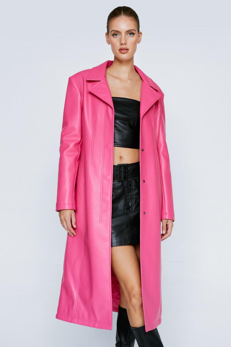Bright pink Premium Faux Leather Longline Coat