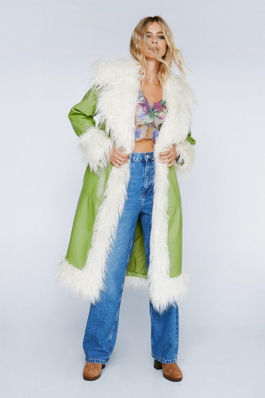 Green Premium Faux Vinyl  Leather Fur Trimmed Trench