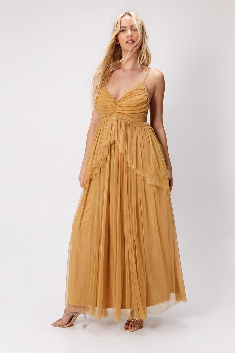 Sand Tulle Strappy Maxi Dress